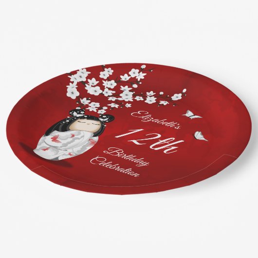 Kokeshi Doll Cherry Blossom | Girl´s Birthday Papieren Bordje (Gekanteld)