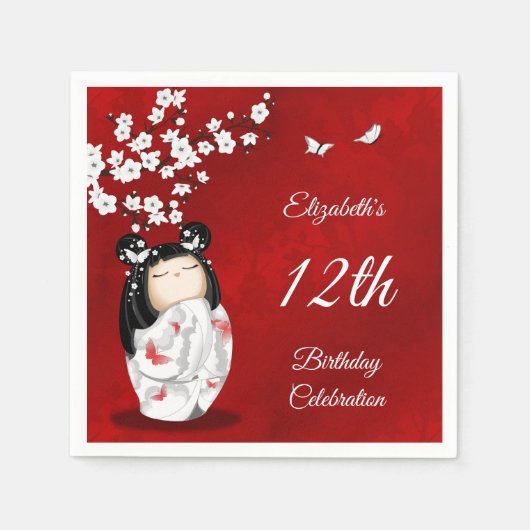 Kokeshi Doll Cherry Blossom | Girl's Birthday Napk Servet (Voorkant)