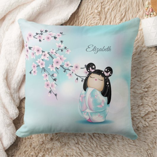 Kokeshi Doll Cherry Blossom Monogram Sierkussen (Deken)