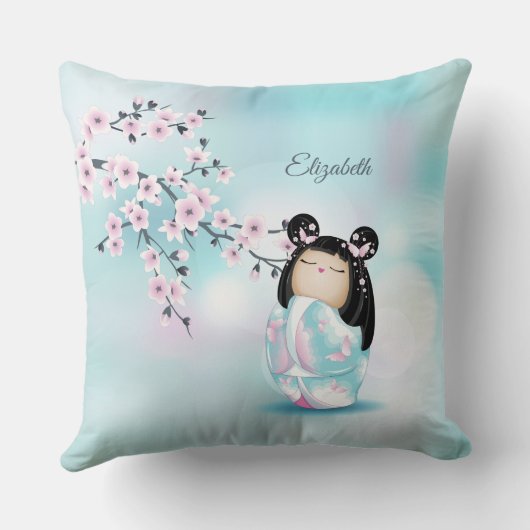 Kokeshi Doll Cherry Blossom Monogram Sierkussen (Achterkant)