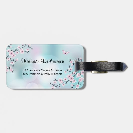 Kokeshi Doll Cherry Blossom Pink Turquoise Bagagelabel (Achterkant horizontaal)