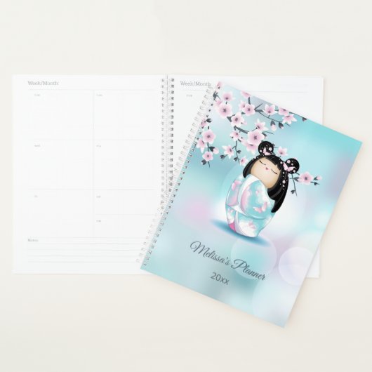 Kokeshi Doll Cherry Blossom Pink Turquoise Name Planner (Display)