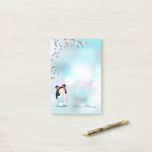 Kokeshi Doll Cherry Blossom Pink Turquoise Name Post-it® Notes (Op bureau)