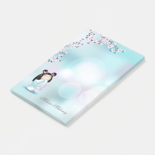 Kokeshi Doll Cherry Blossom Pink Turquoise Name Post-it® Notes (Schuin)