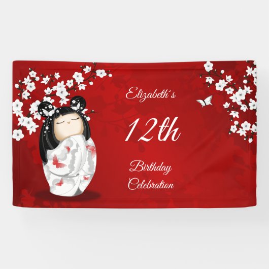 Kokeshi Doll Cherry Blossom Red | Girl´s Birthday Spandoek (Horizontaal)