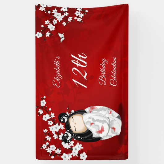 Kokeshi Doll Cherry Blossom Red | Girl´s Birthday Spandoek (Verticaal)