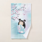 Kokeshi Doll Cherry Blossom Turquoise Girls Hand T Bad Handdoek (Handdoek)