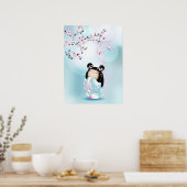 Kokeshi Doll Cherry Blossom Turquoise Girls Poster (Keuken)