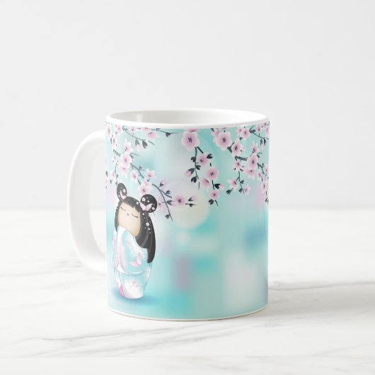 Kokeshi Doll Chibi Cherry Blossom Coffee Mok (Voorkant links)
