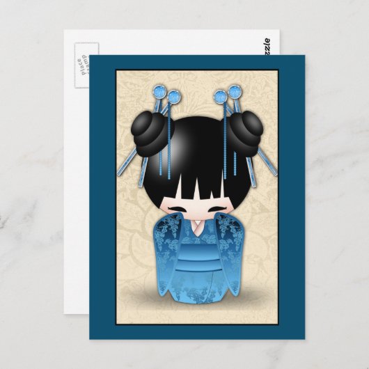 Kokeshi Doll Dressed In Blue Briefkaart (Voorkant / Achterkant)