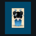 Kokeshi Doll Dressed In Blue Poster<br><div class="desc">Op die drawing of a Japanese kokeshi doll dressed in a blue kimono with a floral design. She also has black shiny hair with blue ornaments decorating her hair. The background is parchment colored with a fancy ornate pattern.</div>