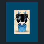 Kokeshi Doll Dressed In Blue Poster<br><div class="desc">Op die drawing of a Japanese kokeshi doll dressed in a blue kimono with a floral design. She also has black shiny hair with blue ornaments decorating her hair. The background is parchment colored with a fancy ornate pattern.</div>