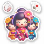 Kokeshi Doll, drie prachtige geisha's Sticker (Voorkant)