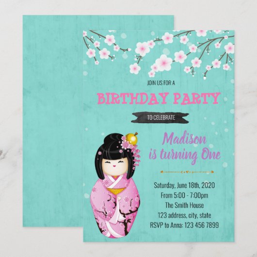 Kokeshi Doll feestthema uitnodiging (Voorkant / Achterkant)