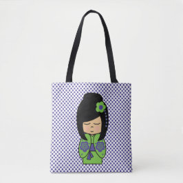Kokeshi Doll Green Paarse All-Over-Print Canvas ta Tote Bag