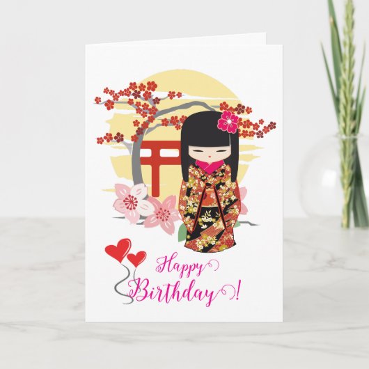 Kokeshi Doll Happy Birthday Kaart (Voorkant)
