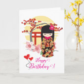 Kokeshi Doll Happy Birthday Kaart (Gele Bloem)