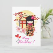Kokeshi Doll Happy Birthday Kaart (Staand voorkant)