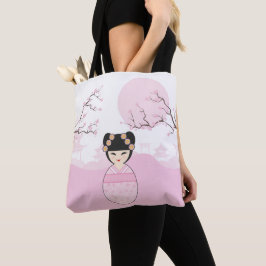 Kokeshi Doll in Pink on Typical Japanese Landscape Tote Bag