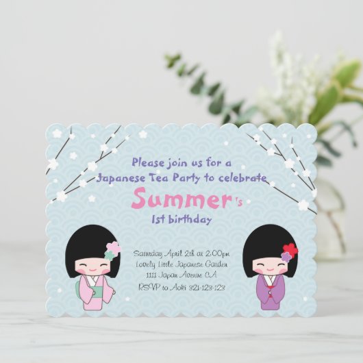 Kokeshi Doll Japanse Tea Party Kaart (Staand voorkant)