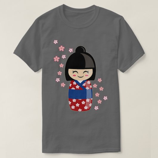 Kokeshi Doll Kawaii in het Japans Kimono en Sakura T-shirt (Design voorkant)