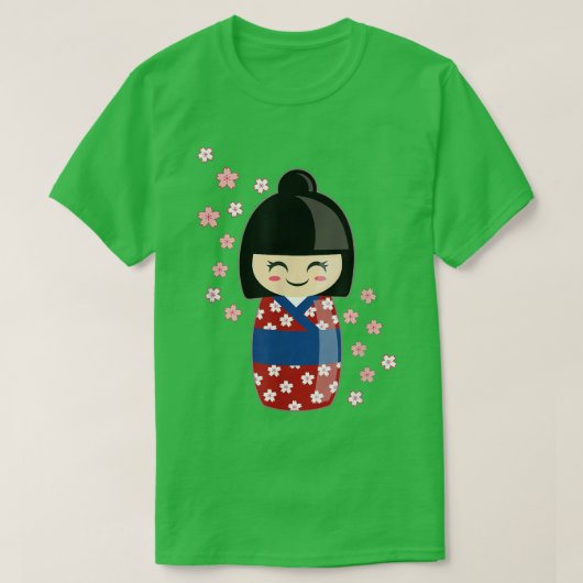 Kokeshi Doll Kawaii in het Japans Kimono en Sakura T-shirt (Design voorkant)