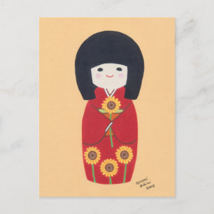 Kokeshi Doll met zonnebloem Briefkaart
