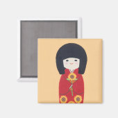Kokeshi Doll met zonnebloem Magneet (Voorkant / Achterkant)