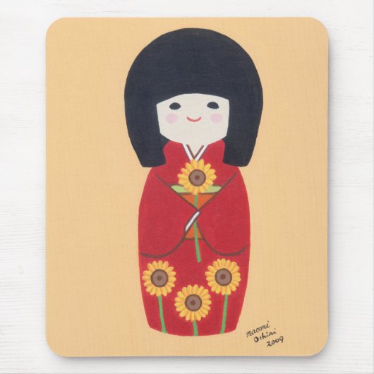 Kokeshi Doll met zonnebloem Muismat (Voorkant)