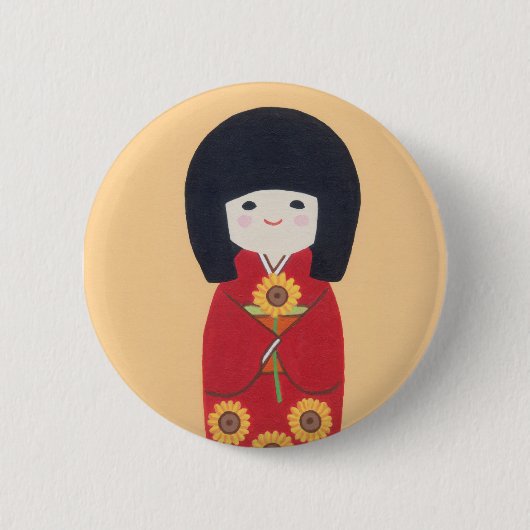 Kokeshi Doll met zonnebloem Ronde Button 5,7 Cm (Voorkant)