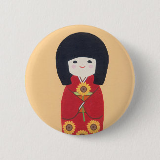 Kokeshi Doll met zonnebloem Ronde Button 5,7 Cm