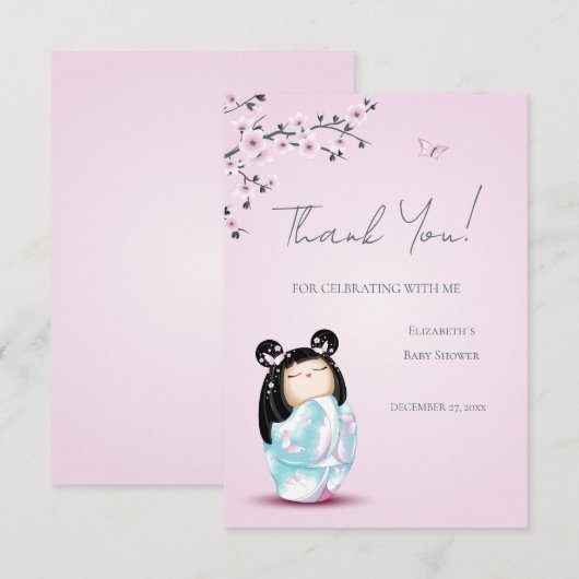 Kokeshi Doll Pink Girl Baby shower Bedankkaart (Voorkant / Achterkant)