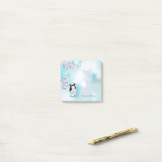 Kokeshi Doll Pink Grey Monogram Post-it Notes (Op bureau)