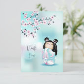 Kokeshi Doll Pink Turquoise Hartelijk dank Bedankkaart (Staand voorkant)