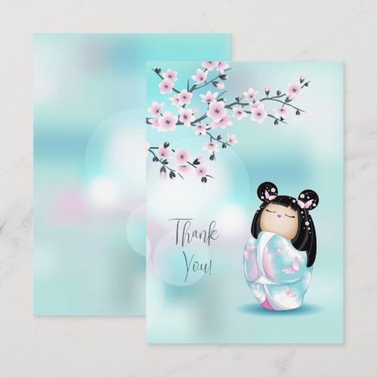 Kokeshi Doll Pink Turquoise Hartelijk dank Bedankkaart (Voorkant / Achterkant)
