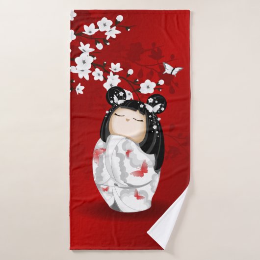 Kokeshi Doll Red Black Cherry Blossom Badhanddoek (Badhanddoek)