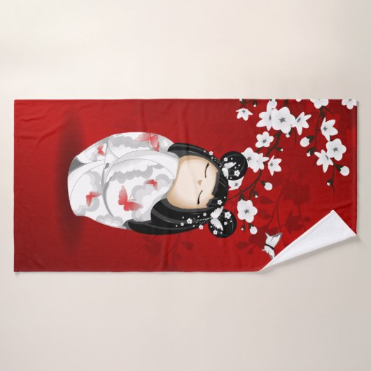 Kokeshi Doll Red Black Cherry Blossom Badhanddoek (Badhanddoek)