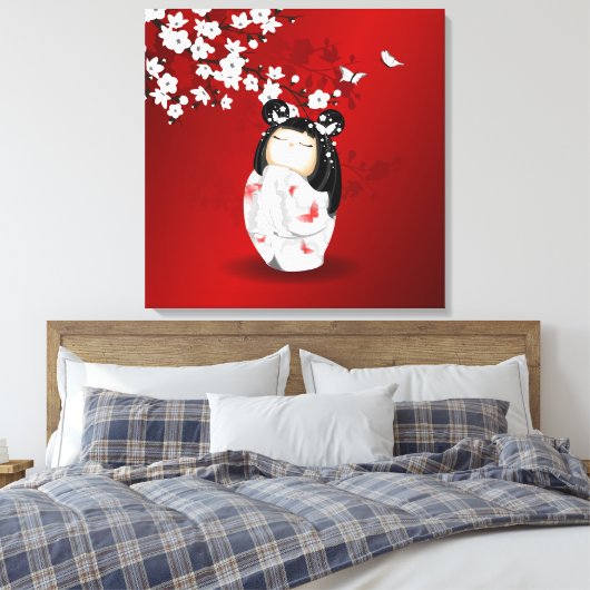 Kokeshi Doll Red Black Cherry Blossom Canvas Afdruk (Insitu (Slaapkamer))