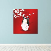 Kokeshi Doll Red Black Cherry Blossom Canvas Afdruk (Insitu (Houten vloer))