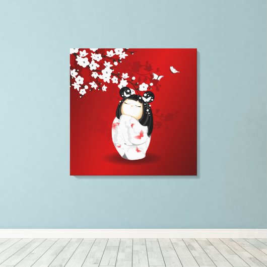 Kokeshi Doll Red Black Cherry Blossom Canvas Afdruk (Insitu (Houten vloer))