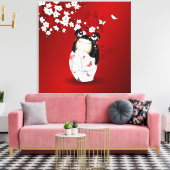 Kokeshi Doll Red Black Cherry Blossom Canvas Afdruk (Insitu (Woonkamer))
