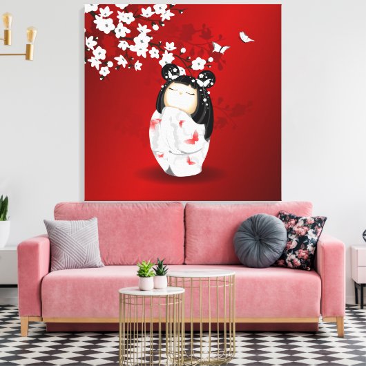 Kokeshi Doll Red Black Cherry Blossom Canvas Afdruk (Insitu (Woonkamer))