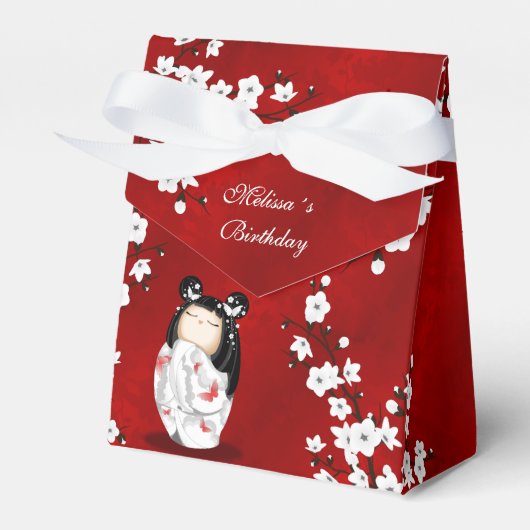 Kokeshi Doll Red Black Cherry Blossom Favor Bedankdoosjes (Voorkant Zijde)