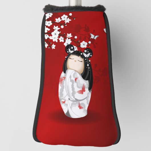 Kokeshi Doll Red Black Cherry Blossom Golfheadcover (Draai 90)