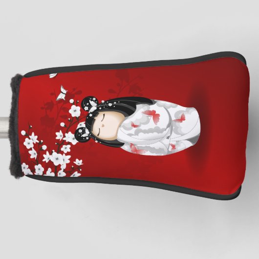 Kokeshi Doll Red Black Cherry Blossom Golfheadcover (Voorkant)