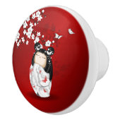 Kokeshi Doll Red Black Cherry Blossom Keramische Knop (Rechts)