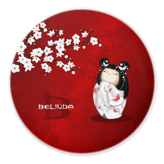 Kokeshi Doll Red Black Cherry Blossom Keramische Knop (Voorkant)