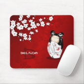 Kokeshi Doll Red Black Cherry Blossom Muismat (Met muis)