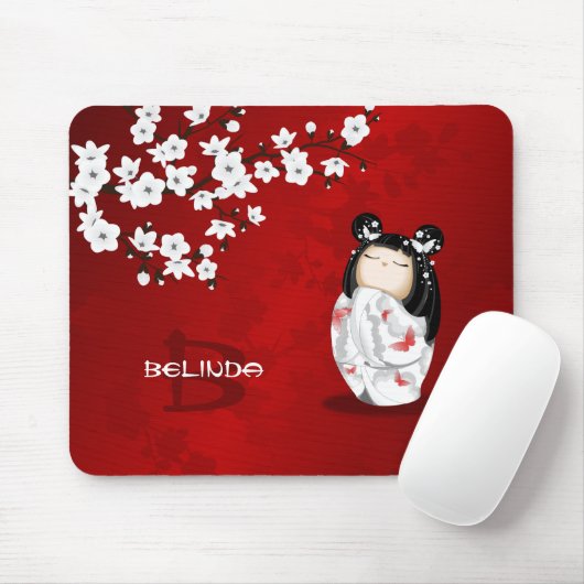 Kokeshi Doll Red Black Cherry Blossom Muismat (Met muis)