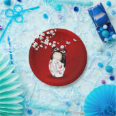 Kokeshi Doll Red Black Cherry Blossom Papieren Bordje (Feest)